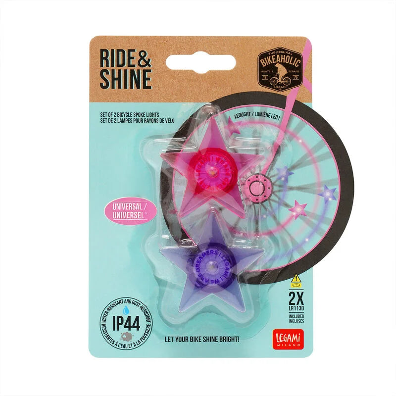 set di 2 luci per i raggi della bicicletta - ride & shine unicorno