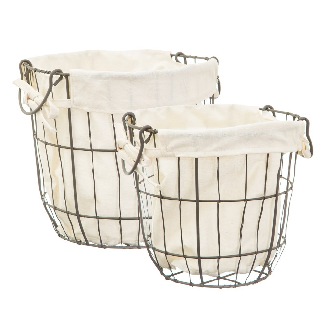 ROUND WIRE STORAGE BASKETS WITH LINING - SET OF 2