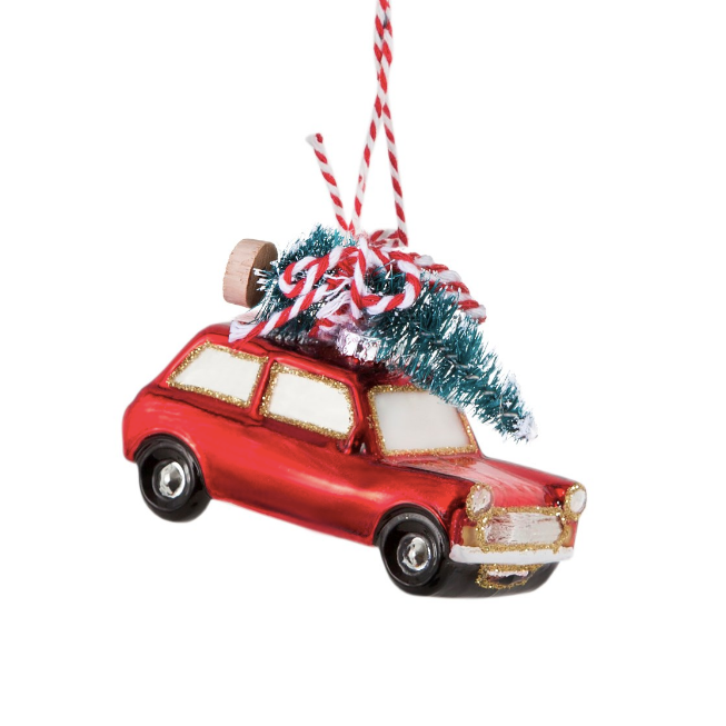 COMING HOME FOR XMAS RED CAR SHAPED BAUBLE